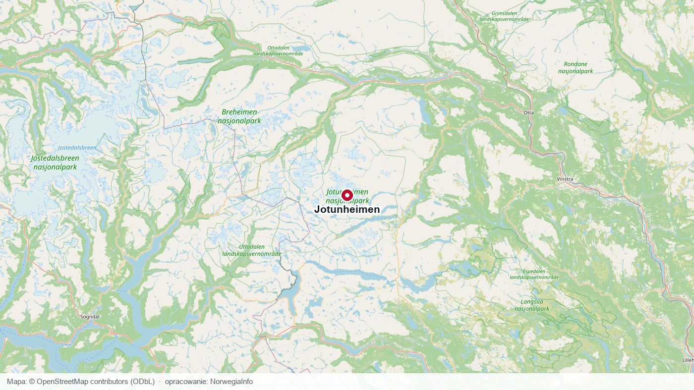 Mapa parku narodowego Jotunheimen na pograniczu Innlandet i Vestland